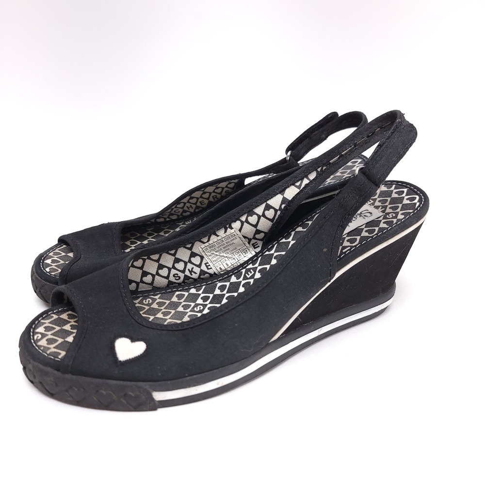Skechers Womens Black Canvas Heart Peep Toe Slingback Wedge Sandals Y2K Size 8 - Picture 8 of 8